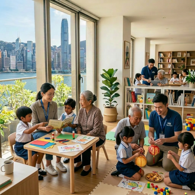 Two professionals working in a modern office overlooking the Hong Kong skyline
