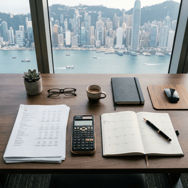 Desk with paperwork, calculator, planner, coffee, and glasses overlooking Hong Kong harbor