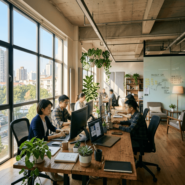 Colleagues working at computers in a sunlit office overlooking the city